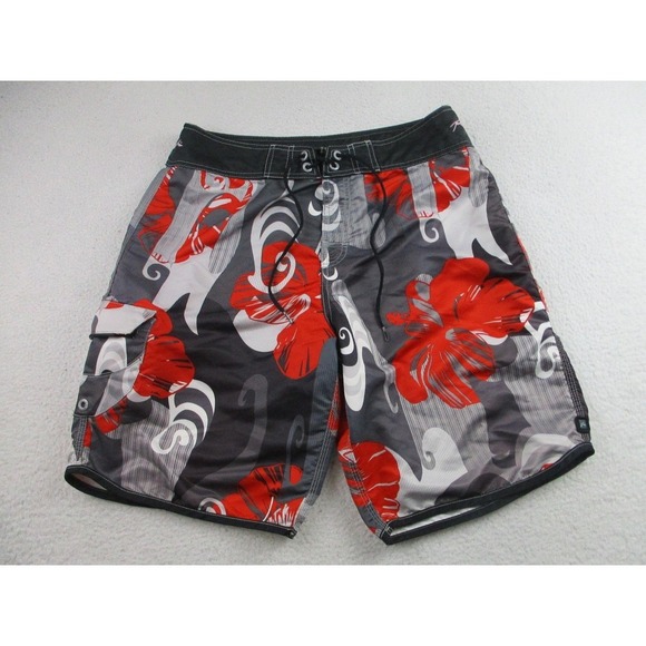Rusty Shorts Mens 33‎ Gray Red Hibiscus Boardshorts Swim Trunks Cargo Drawstring